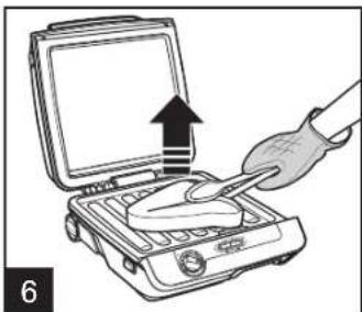 Illustration of a hand using a tool to press down a portable stove with an upward arrow (no text or symbols)