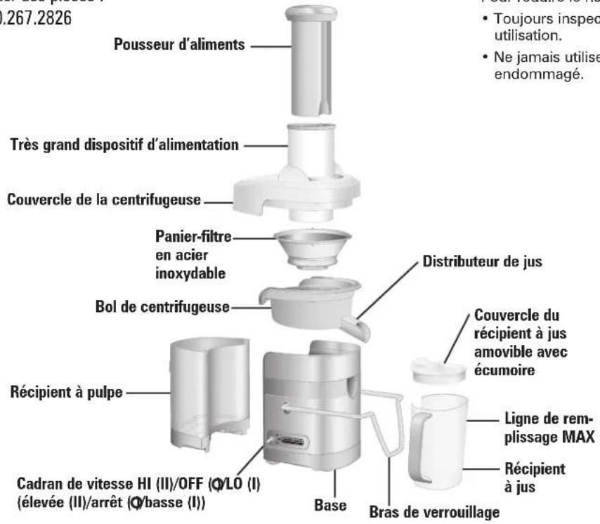 .267.2826 Pousseur d'aliments Très grand dispositif d'alimentation Couvercle de la centrifugeuse Panier-filtre en acier inoxydable Bol de centrifugeuse Distributeur de jus Récipient à pulpe Cadran de vitesse HI (II)/OFF (Q/LO (I) (élevée (II)/arrêt (Q/basse (I)) Base Bras de verrouillage Couvercle du récipient à jus amovible avec écunoire Ligne de remplissage MAX Récipient à jus • Toujours inspect utilisation. • Ne jamais utilise endommagé.