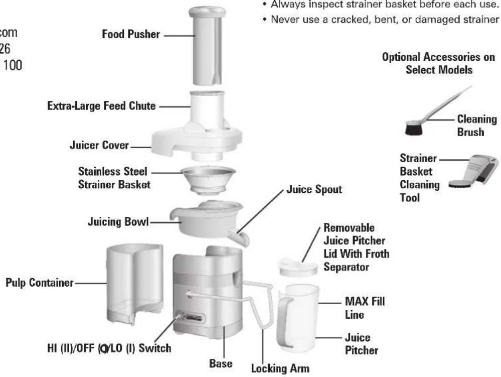 om 26 100 Food Pusher Extra-Large Feed Chute Juicer Cover Stainless Steel Strainer Basket Juicing Bowl Pulp Container HI (II)/OFF (Q/LO (I) Switch) Base Locking Arm Juice Spout Removable Juice Pitcher Lid With Froth Separator MAX Fill Line Juice Pitcher Options Accessories on Select Models Cleaning Brush Strainer Basket Cleaning Tool