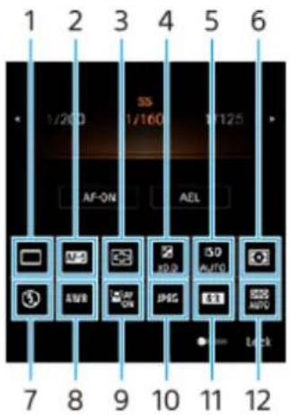1 2 3 4 5 6 1/200 SS 1/160 1/125 AF-ON AEL 7 8 9 10 11 12 AWB AW ON JPEG AUTO