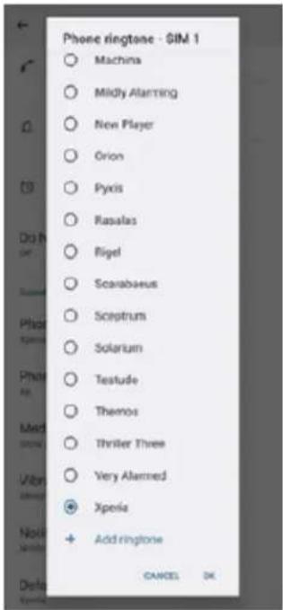 Phone ringtone - SIM 1 ○ Machina ○ Mildly Alerting ○ New Player ○ Orion ○ Pyxis ○ Rasslas ○ Rigel ○ Scarabaeus ○ Scoptrum ○ Solarium ○ Testude ○ Thermos ○ Thriller Three ○ Very Alarmed ● Xperia + Addringtone CANCEL OK