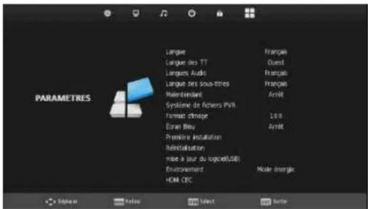 PARAMETRES Langue Langue des TT Langues Audio Langue tet sous-àtres Maintendant Système de fichers PVR Format d'homme Ecran Bleu Première Installation Réinitialisation mise à jour du logica(USB) Environnement HCM CEC Français Ouest Français Français Arrêt 100 Arrêt Mode énergie