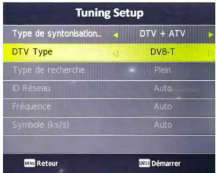 Tuning Setup Type de syntonisation... DTV + ATV DTV Type DVB-T Type de recherche Plein ID Réseau Auto Fréquence Auto Symbole (ks/s) Auto MENU Retour ENTER Démarrer