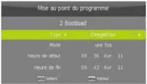 Mise au point du programme 2 Bootload Type Enregistrant Mode une Tous Heure de début 04 36 Avr 11 Heure de fin 05 43 Avr 11 IND Select IND Retour