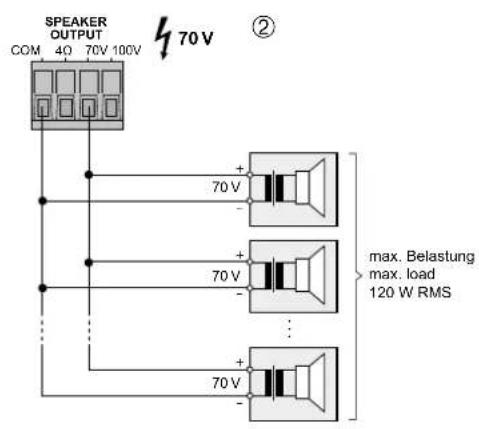 Monacor PA900DT - Beispiele für den Anschluss der Laufsprecher Examples of Speaker Connections - 2