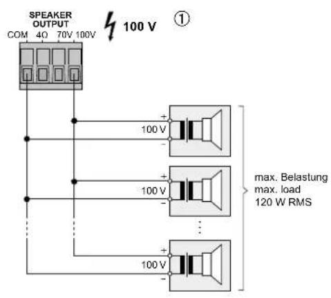 Monacor PA900DT - Beispiele für den Anschluss der Laufsprecher Examples of Speaker Connections - 1