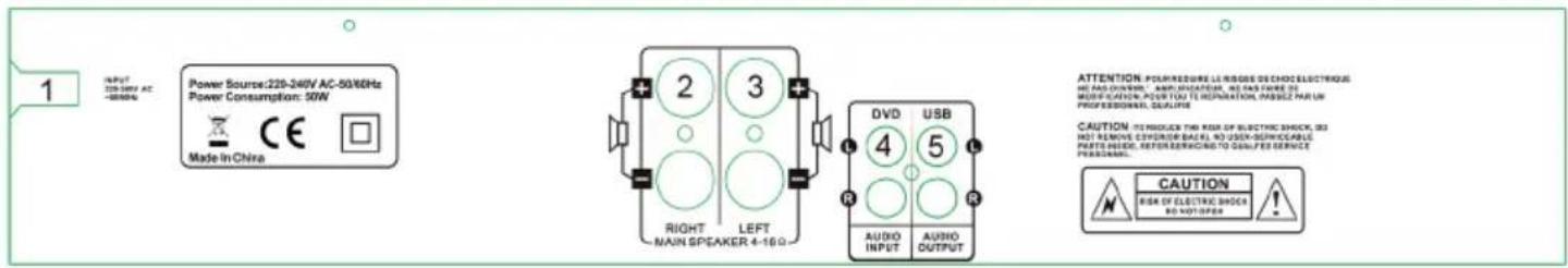 1 INPUT 225-240V AC -8886A Power Source: 225-240V AC-50/60Hz Power Consumption: 50W Made in China 2 3 RIGHT MAIN SPEAKER 4-18 G LEFT DVD USB 4 5 R AUDIO INPUT AUDIO OUTPUT ATTENTION: POLIRESURE LE RIGES DE CHOIC ELECTRIQUE HEAVOCOMEN, AMPLISATION, WE HAS FINE DE MIFICATION, POWER TO TE REPARATION, PASSZE PAR UN PROFESSIONAL, QUALITIME CAUTION: IVE PRODUER THE RAIL OF ELECTRIC SHOCK, DO NOT REMOVE CENDER BASEL, NO USE-SERVICEABLE PARTS NEED, RETORT SERVACING TO GAULFER SERVICE PROGRAMM. CAUTION RISK OF ELECTRIC SHOCK NO NOT OPEN