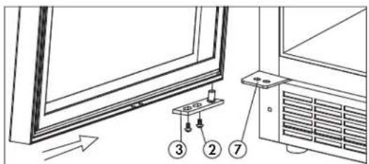 Diagram showing installation of a window mounted on an air conditioner unit, with numbered components and directional arrow.