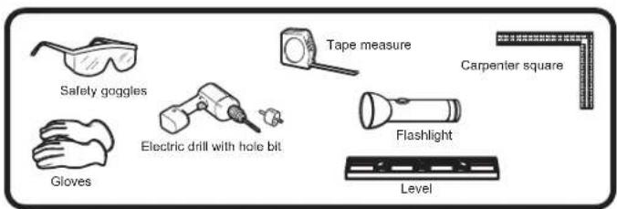 Safety goggles Gloves Electric drill with hole bit Tape measure Flashlight Level Carpenter square
