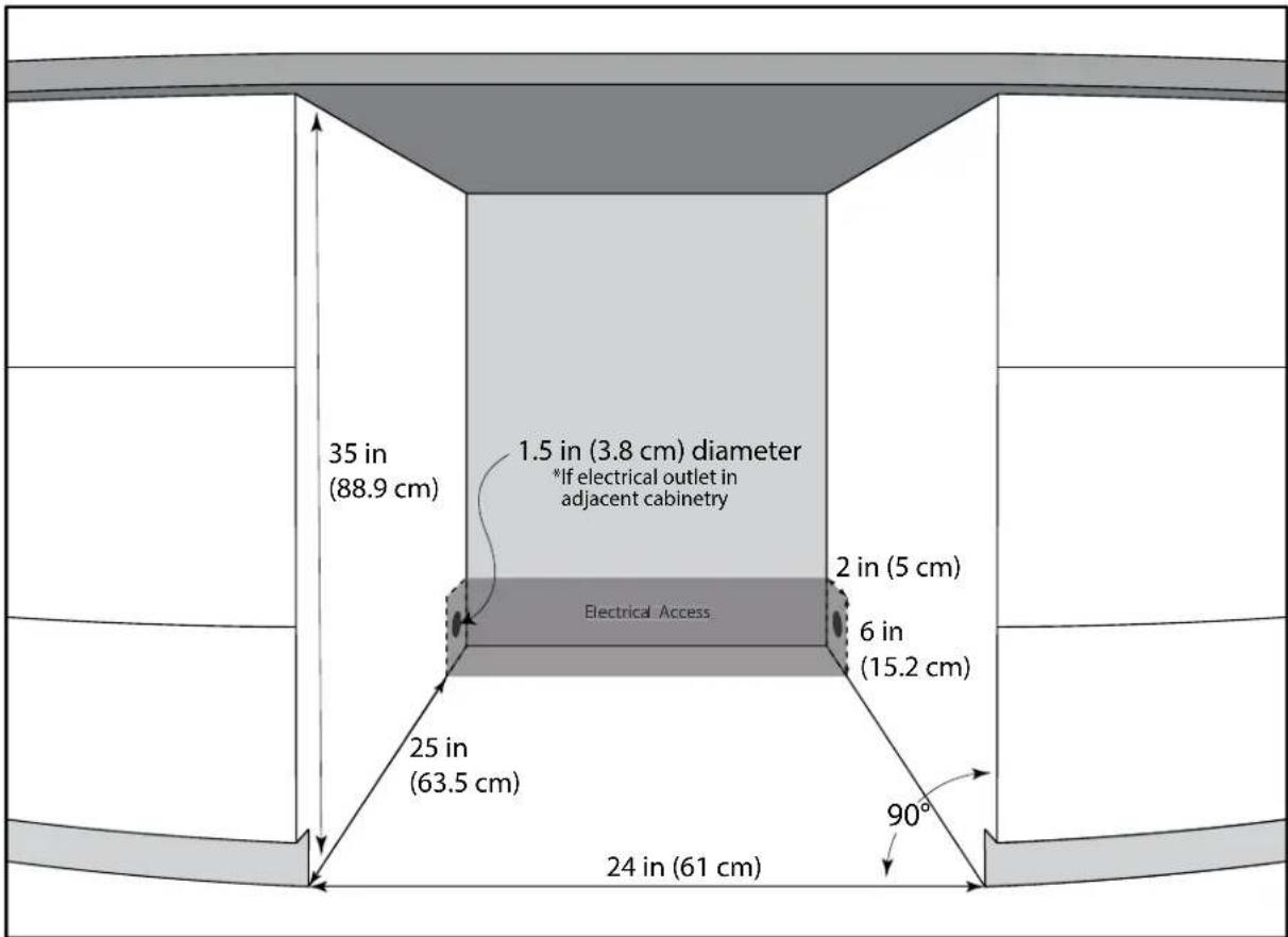 35 in (88.9 cm) 1.5 in (3.8 cm) diameter *If electrical outlet in adjacent cabinetry Electrical Access 2 in (5 cm) 6 in (15.2 cm) 25 in (63.5 cm) 24 in (61 cm) 90°