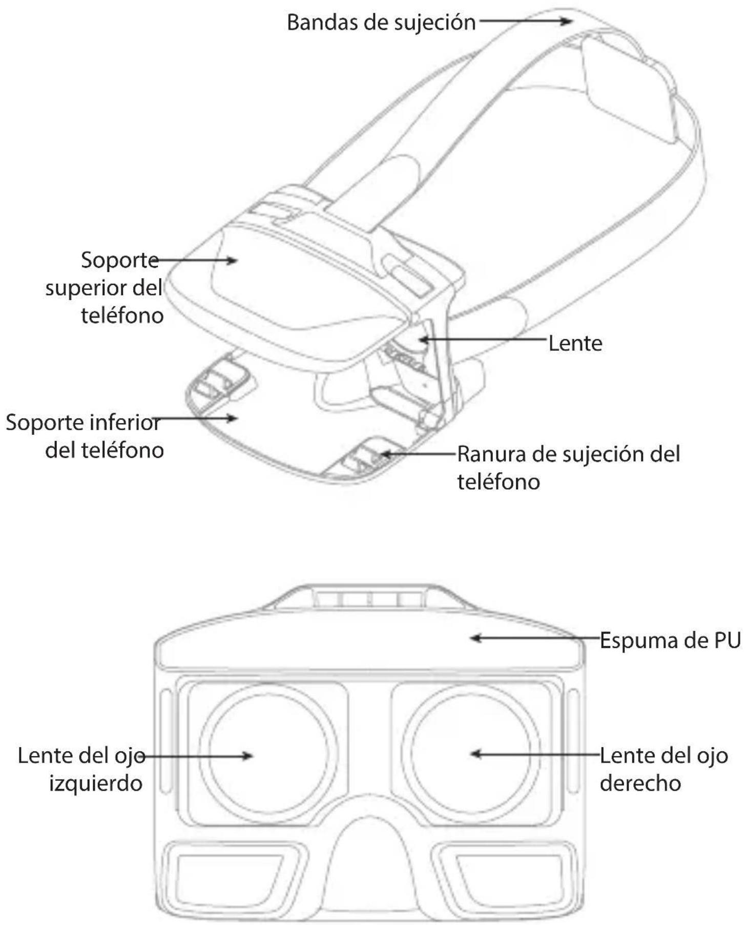 Bandas de sujeción Soporte superior del teléfono Lente Soporte inferior del teléfono Ranura de sujeción del teléfono Espuma de PU Lente del ojo izquierdo Lente del ojo derecho