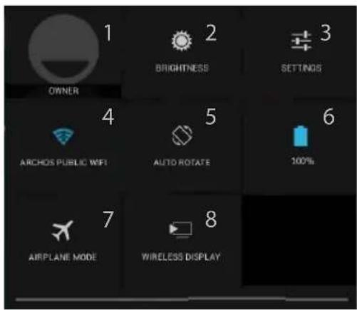 1 BRIGHTNESS 3 OWNER 4 ARCHOS PUBLIC WIFI 5 AUTO ROTATE 6 100% 7 AIRPLANE MODE 8 WIRELESS DISPLAY