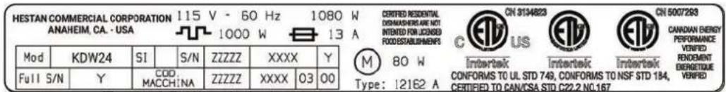 Hestan KDW24OV - RATING LABEL - 2