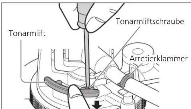 TECHNICS SL100C - Legen Sie den Tonarm auf die Tonarmablage, klemmen Sieihn mit der Armklemme fest und drehen Sie die Schraube, während Sie den Tonarmheber mit ihrem Finger herunterrücken, um die Höhe einzustellen. - 1