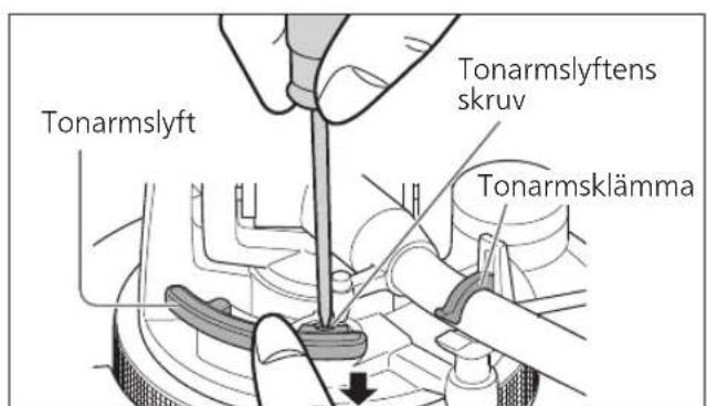 TECHNICS SL100C - Vänd tonarmen till armstödet, klām fast den med armens klämma och vrid skruven for att justera Höjden samtidigt som du trycker på arm-lyfitet med fingret. - 1