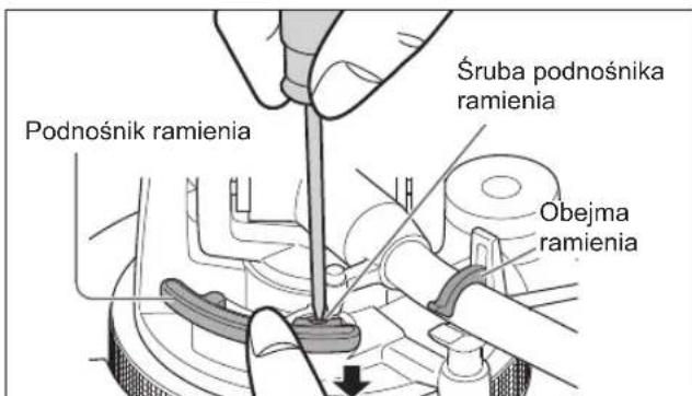 TECHNICS SL100C - Umiescić rami gramofonu na wsporniku ramenia, zacisnac je obejmá ramenia, a podczas naciskania przyciscu podnosnika ramenia palcem w doł obracćŚrubé, by wyregulować wysokość. - 1