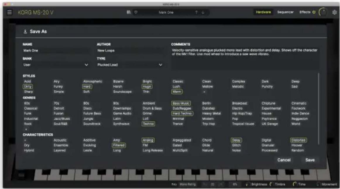 Arturia KORG MS20 V - Save preset as... [enregistrer preset sous...] - 1