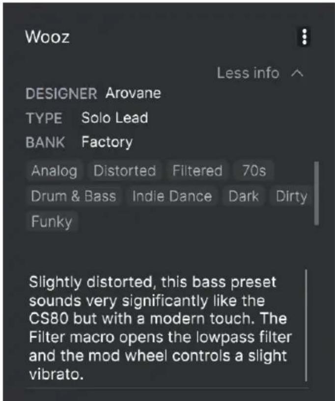 Arturia CS80 V4 - Partie Preset Info - 1