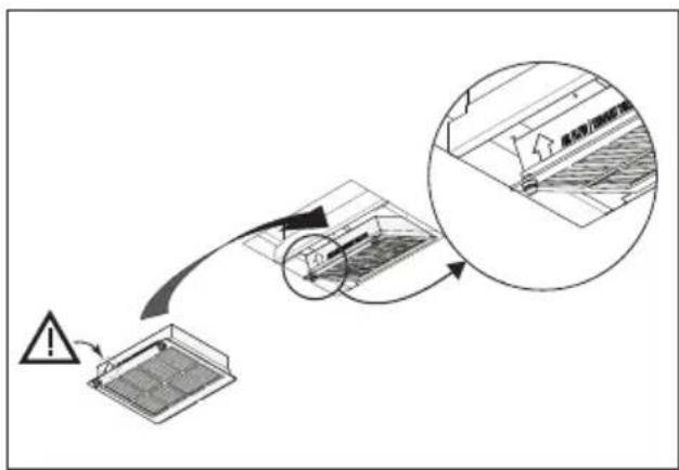 Diagram illustrating airflow or ventilation process with warning symbol and magnified detail view