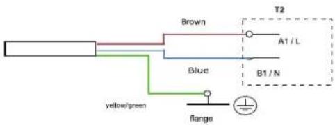 Brown T2 A1 / L Blue B1 / N yellow/green flange