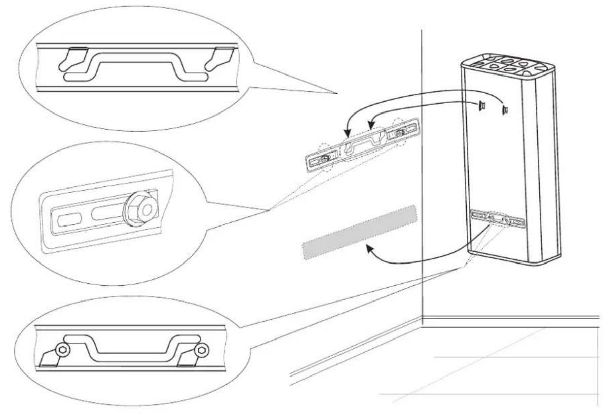 Technical diagram showing assembly steps of a device with labeled components and directional arrows indicating motion.