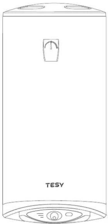 Line drawing of a TESY water heater with control panel and dial (no text or symbols on body)