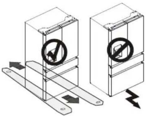 Technical diagram showing two mechanical assembly states with a prohibition symbol and directional arrows indicating movement or force.