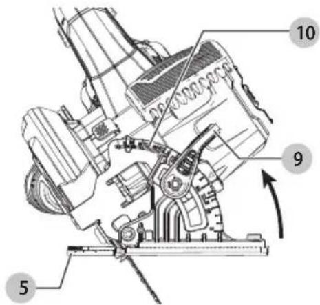 Technical diagram of a mechanical device with numbered components and directional arrows indicating motion or assembly.