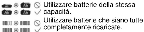 Utilizzare batterie della stessa capacità. Utilizzare batterie che siano tutte completamente ricaricate.