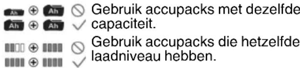 Gebruik accupacks met dezelfde capaciteit. Gebruik accupacks die hetzelfde laadniveau hebben.