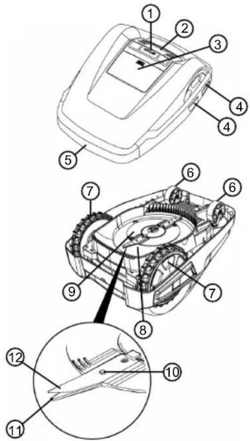 Technical diagram of a robotic device with numbered parts, including exploded and assembled views