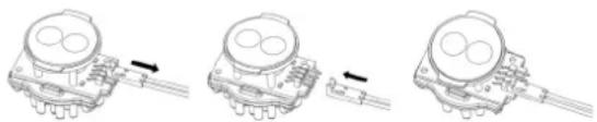 Three-step diagram showing a mechanical assembly with arrows indicating motion (no text or symbols)