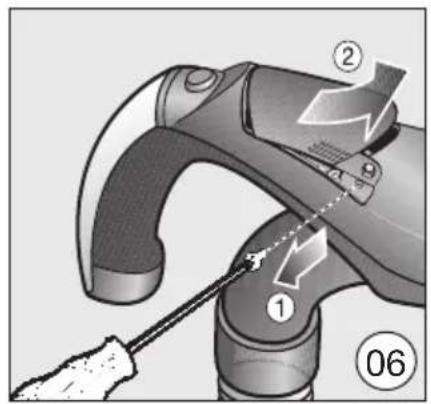 Diagram showing a mechanical device with labeled parts and directional arrows, likely illustrating a tool or process step.