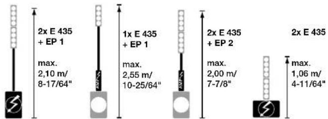 HK AUDIO E 835 - Combinaciones con elemento de graves E 110 Sub A / AS junto con las barras distanciadoras EP 1 o EP 2 y los elementos de medios/agudos E 435/E 835 - 1