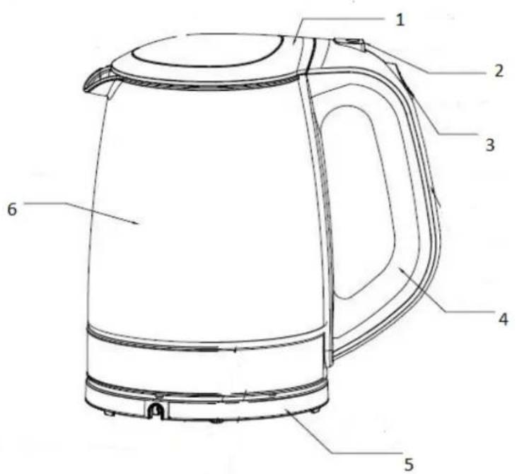 Technical diagram of a water heater with numbered parts labeled 1 through 6