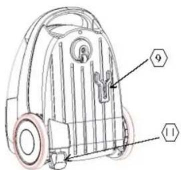 Technical diagram of a vacuum cleaner with numbered parts labeled 9 and 11