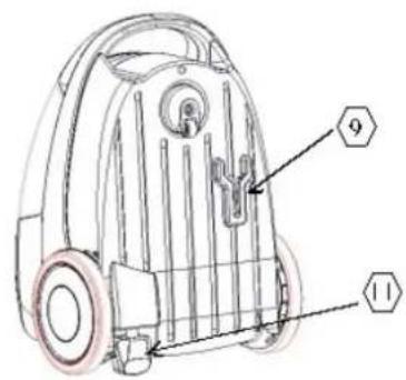Technical diagram of a vacuum cleaner with labeled parts 9 and 11