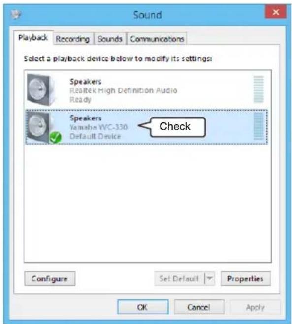 YAMAHA YVC330 - Check that "Yamaha YVC-330" is set as a default device in the "Speakers" field. - 1