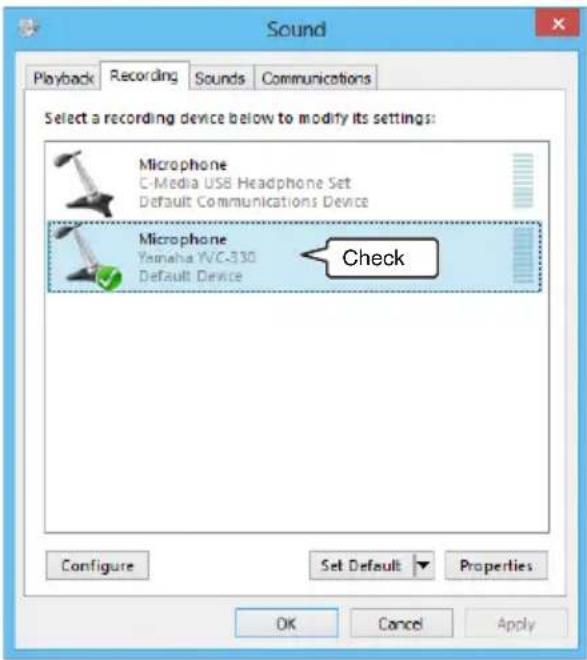 YAMAHA YVC330 - Check that "Yamaha YVC-330" is set as a default device in the "Microphone" field. - 1
