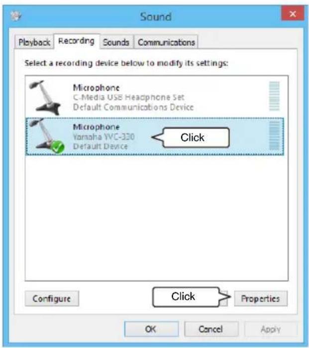 YAMAHA YVC330 - Select "Yamaha YVC-330" from "Microphone" devices and then click "Properties". - 1