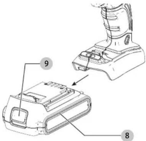 Technical diagram showing a device with labeled parts, including a numbered component and a hand holding a tool.