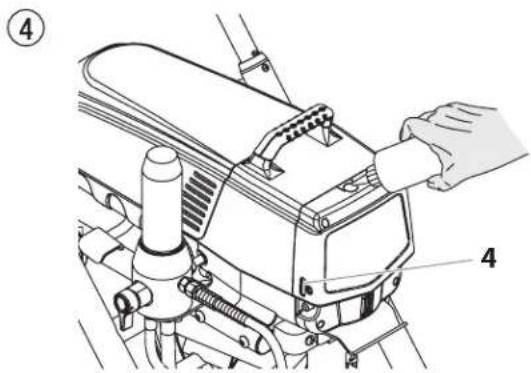 Technical diagram of a mechanical assembly with labeled parts, showing a hand operating a component.