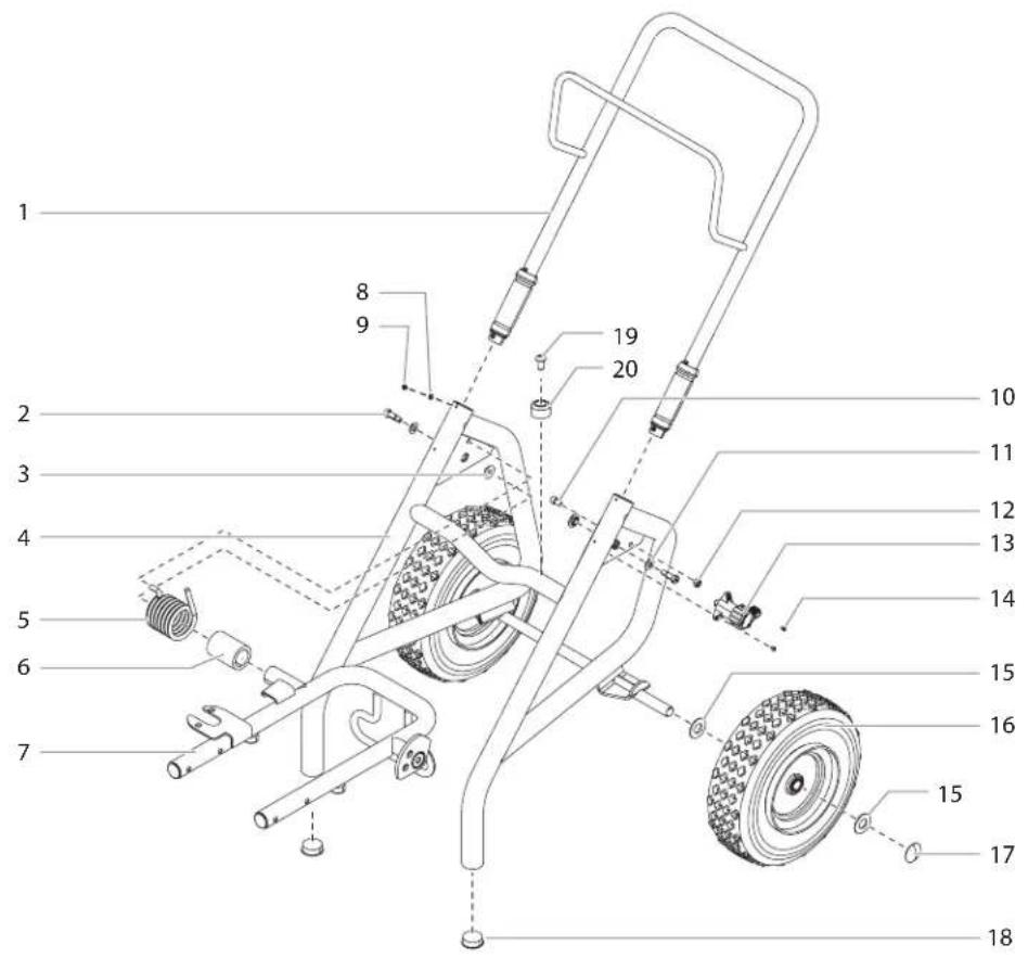 Technical diagram of a lawn mower with numbered parts for identification