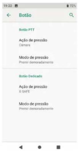 Botão Botão PTT Ação de pressão Câmara Modo de pressão Premir demoradamente Botão Dedicado Ação de pressão X SAFE Modo de pressão Premir demoradamente