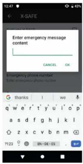 Enter emergency message content CANCEL OK Emergency phone number Enter emergency phone https://p thanks | we q w e r t y u i o p a s d f g h j k l z x c v b n m 7123 EN • DE • ES