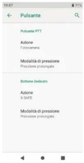 19:07 Pulsante Pulsante PTT Azione Fotocamera Modalità di pressione Pressione prolungata Bottone dedicato Azione X-SAFE Modalità di pressione Pressione prolungata