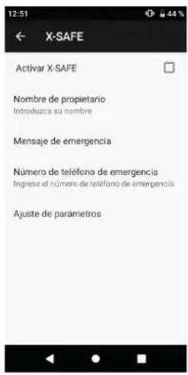 12:51 ← X-SAFE Activar X-SAFE Nombre de propietario Introduzca su nombre Mensaje de emergencia Número de teléfono de emergencia Ingresa el número de teléfono de emergencia Ajuste de parámetros