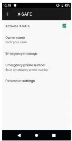 12:48 ← X-SAFE Activate X-SAFE Owner name Enter your name Emergency message Emergency phone number Enter emergency phone number Parameter settings