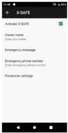 12:48 ← X-SAFE Activate X-SAFE Owner name Enter your name Emergency message Emergency phone number Enter emergency phone number Parameter settings