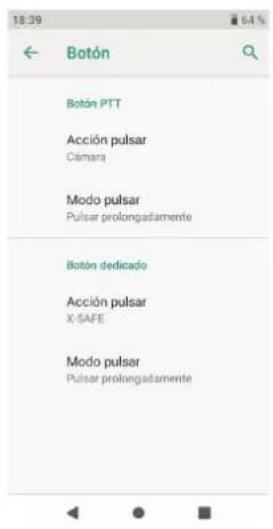 Botón Botón PTT Acción pulsar Camara Modo pulsar Pulsar prolongadamente Botón dedicado Acción pulsar X-SAFE Modo pulsar Pulsar prolongadamente